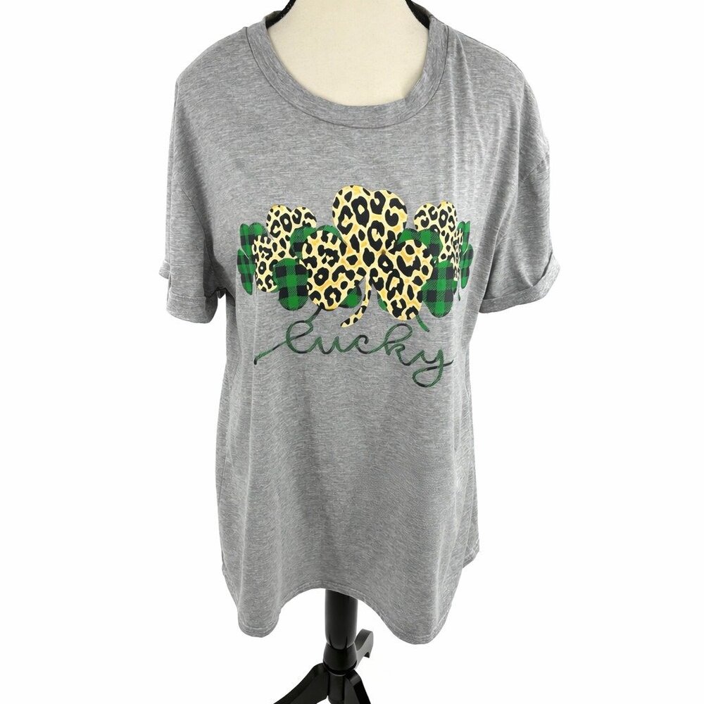 Womens XL Gray St. Patricks Day Lucky Leopard Plaid Shamrock T-Shirt